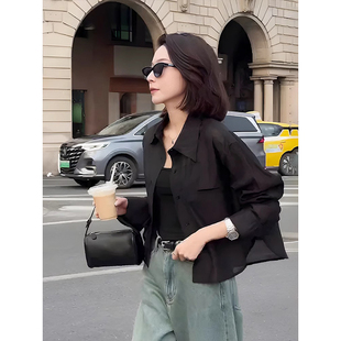 新款 夏款 寬松小個子短款 長袖 上衣 黑色雪紡防曬衣襯衫 襯衣薄款 女裝