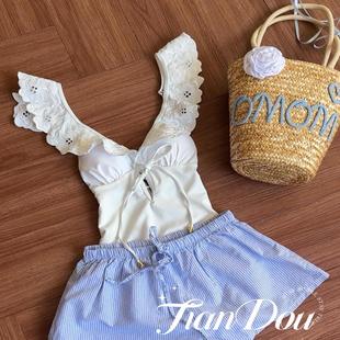 高級感海邊度假溫泉刺繡清爽高級泳衣比基尼兩件套 兒 小飛袖