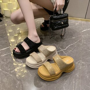 海邊沙灘拖鞋 水鉆厚底涼鞋 高級感氣質配裙子涼拖鞋 新款 女2025春季