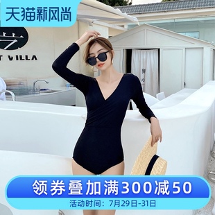 海邊泳衣女夏顯瘦遮肚2021新款 I防曬韓國ins黑色簡約泳衣 保守長袖