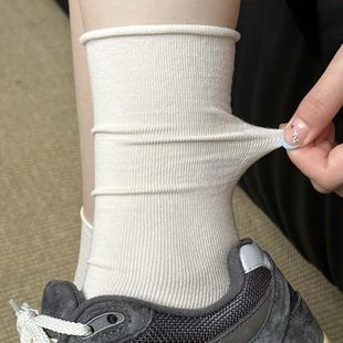 白色堆堆襪子女秋天卷邊月子襪無骨中筒襪純棉長襪配勃肯鞋 春秋款
