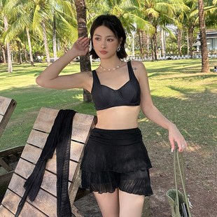 顯瘦大碼 罩衫 胖mm遮肉200斤泡溫泉 分體鋼托三件套長袖 泳衣女裙式