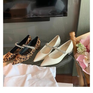 紅顏微新款 女春 優雅小尖頭閃閃鉆帶百搭豹紋淺口小粗跟單鞋