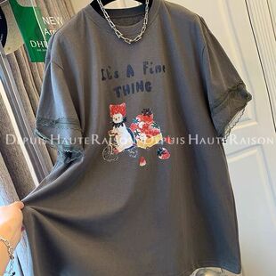 寬松顯瘦胖MM上衣 夏季 特大碼 240斤減齡草莓貓咪蕾絲花邊t恤女短袖