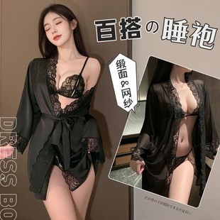 女 睡袍套裝 2025年新款 霏幕家居服緞面網紗蕾絲花邊浴袍腰帶三點式