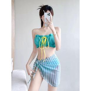 泳衣女2025新款 多巴胺青春少女比基尼分體三件套溫泉海邊度假泳裝