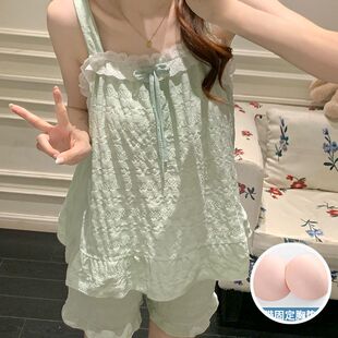 家居服 純棉甜美公主風可愛花邊大碼 現(xiàn)貨帶胸墊睡衣女夏季 吊帶薄款
