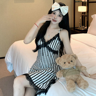 性感純欲蕾絲花邊吊帶睡裙2025新款 薄款 家 黑白條紋睡衣女夏季 新品