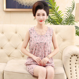 夏季 寬松套裝 睡衣女士純棉薄款 無袖 中年背心夏天可外穿家 大碼 新品