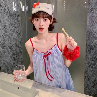 純棉吊帶甜美花邊格子大碼 薄款 孕婦睡衣家 帶胸墊睡裙女士夏季 新品