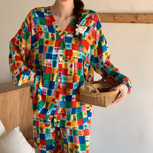 大碼 薄綿綢家居服媽媽人造棉套裝 外穿棉綢睡衣女春秋夏長袖 新品