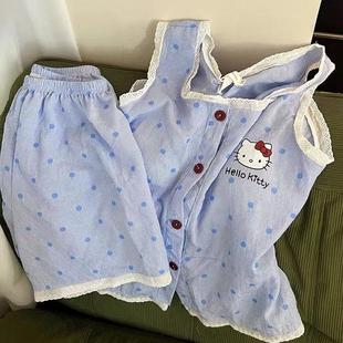 純棉睡衣女夏季 大碼 吊帶背心薄款 ins甜美卡通開衫 家居服 韓版 新品