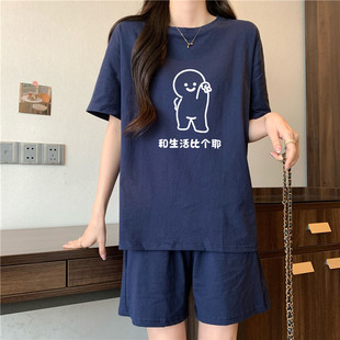 睡衣女夏季 兩件套裝 純棉短袖 時尚 可外穿學生寬松運動家居 短褲 新品