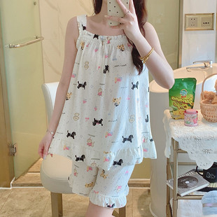 新款 套裝 小香風家 睡衣女夏天甜美可愛卡通印花荷葉邊吊帶短褲 新品