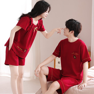 短褲 新品 純棉短袖 帶胸墊情侶睡衣女夏季 紅色本命年結(jié)婚家 2025新款
