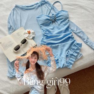 連體泳衣女2025新款 韓版 遮肚顯瘦度假拍照荷葉邊可愛女 藍風鈴
