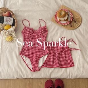 海鹽藍ins奶藍泡泡格小胸韓系遮肉顯瘦溫泉度假泳衣 Sparkle Sea