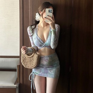 分體裙式 性感顯瘦長袖 抽繩綁帶四件套比基尼 泳衣女2024新款 大漁
