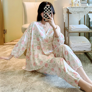棉綢睡衣女夏季 空調家居服寬松兩件套裝 款 人造棉夏季 七分袖 新品