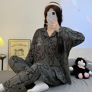 可愛卡通寬松大碼 新品 長褲 純棉長袖 家居服 史迪仔情侶睡衣女春秋季