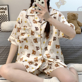 可愛學生夏季 短袖 天冰絲家居服 ins日系卡通輕松熊睡衣女夏款 新品