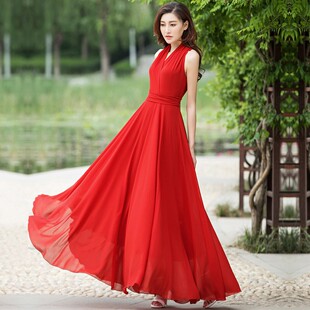 修身 香衣麗華夏季 寶藍大擺長裙無袖 氣質女裝 顯瘦雪紡連衣裙仙 新款