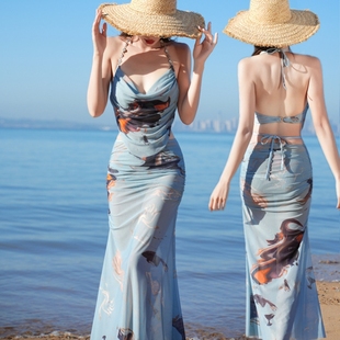 網(wǎng)紅風(fēng)純欲性感吊帶分體泳衣女夏比基尼泡溫泉顯瘦遮肚長裙三件套