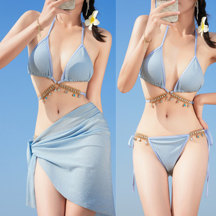 絕美高級感分體泳衣女夏歐美純欲綁帶三角性感比基尼三件套三點式