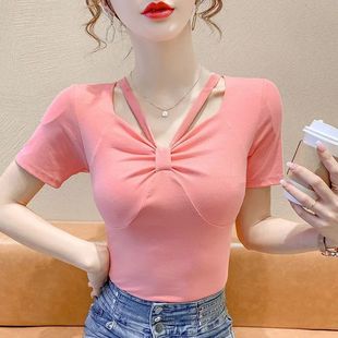 網紅氣質純欲露鎖骨修身 新款 短款 爆款 上衣 短袖 小衫 t恤女夏季