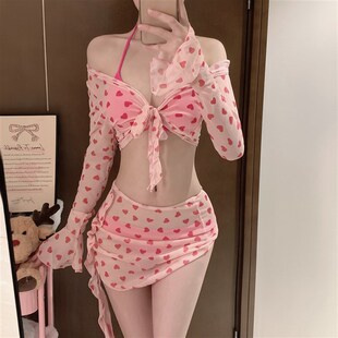 泳衣女2024新款 溫泉度假純欲 顯白少女分體比基尼四件K套綁帶裙式