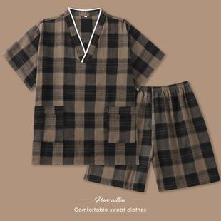 汗蒸服男純棉洗浴中心女浴服情侶桑拿服親子睡衣大格子套頭家居服