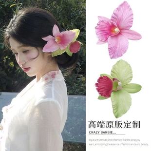 新款 百合花朵發夾女高級感邊夾側邊劉海夾子發卡海邊度假拍照頭飾
