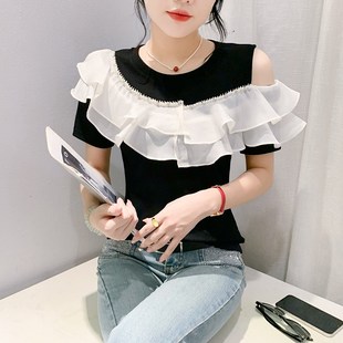 潮 歐貨洋氣設計感G荷葉邊上衣氣質顯瘦小衫 露肩短袖 T恤女夏裝
