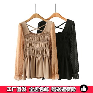 胖mbm法式 200斤顯瘦荷葉邊遮肚娃娃衫 長袖 女大碼 上衣 雪紡小衫 秋季