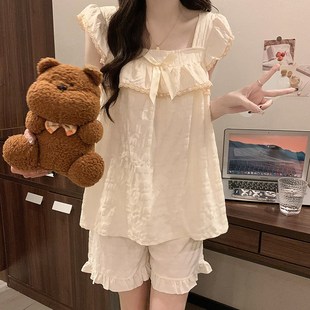 家居服套 甜美花邊學生薄款 公主風睡衣女夏季 帶胸o墊純棉吊帶短褲