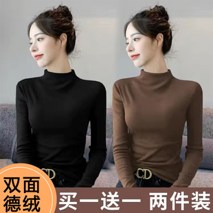 t恤女 長袖 清倉撿漏外貿媽媽中老年德絨半高領打底衫 保暖上衣修身