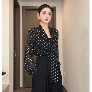 女上衣寬松慵懶感氣質防曬衫 夏季 蝴蝶結波點雪紡襯衫 復古法式 新款