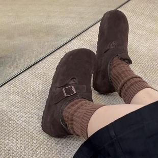 女懶人平底復古加絨棉鞋 羊皮版 增高一腳蹬毛毛真皮全包勃肯鞋