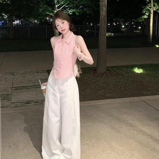 韓系甜辣粉色修身 新款 翻領(lǐng)無(wú)袖 背心襯衫 套裝 高腰休閑闊腿褲 女夏季