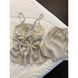 日系高級(jí)感亞麻亮片拼接吊帶睡衣女夏款 寬松慵懶可外穿家居服套裝