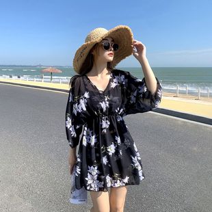 大碼 遮肉 泳衣女胖mm寬松遮肚顯瘦分體三件套大胸聚攏海邊度假長袖