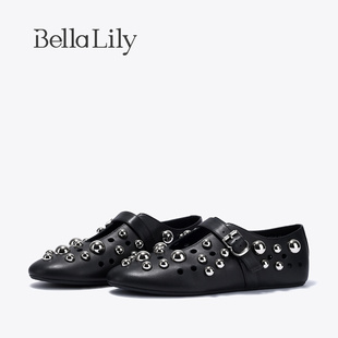 瑪麗珍鞋 BellaLily2025春季 女復古鏤空平底鞋 鉚釘芭蕾舞單鞋 新款