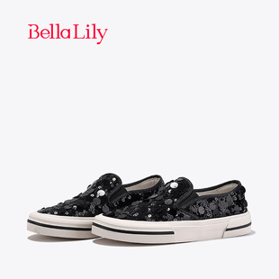 潮鞋 BellaLily新款 百搭時尚 女高級感休閑鞋 黑色亮片板鞋