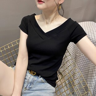 修身 新款 大領口純棉露背低領露肩純色上衣 夏季 雙V領黑色T恤女短袖