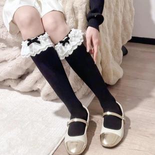 春夏薄款 蝴蝶結(jié)甜美中筒堆堆襪Lolita雙層蕾絲花邊少女jk小腿襪女