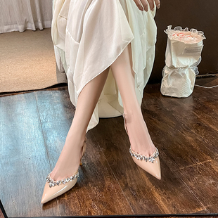 夏 女后絆帶細跟氣質絕美性感包頭涼鞋 法式 V口裸色水鉆尖頭高跟鞋