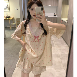 家居服套裝 韓版 短褲 純棉麻可愛少女荷葉邊短袖 蕾絲櫻桃睡衣女夏季