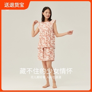 花邊家居服兩件套裝 頂瓜瓜無袖 睡衣女純棉夏天薄款 頂呱呱甜美短袖
