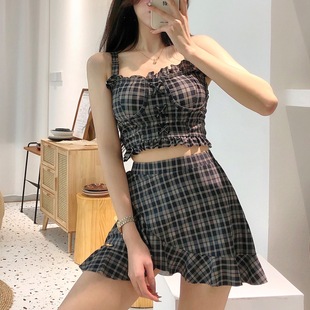 世可兒復古格紋高腰分體裙式 平角泳衣2025溫泉女小胸遮肚保守泳裝