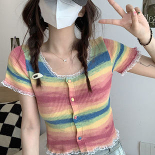 高腰短袖 糖果彩虹條紋T恤女ins夏季 蕾絲花邊套頭衫 法式 上衣潮 新款
